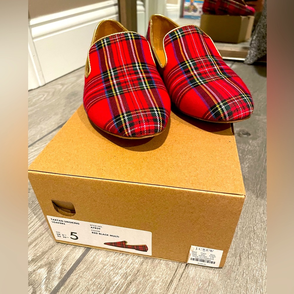 Jcrew red tartan loafers